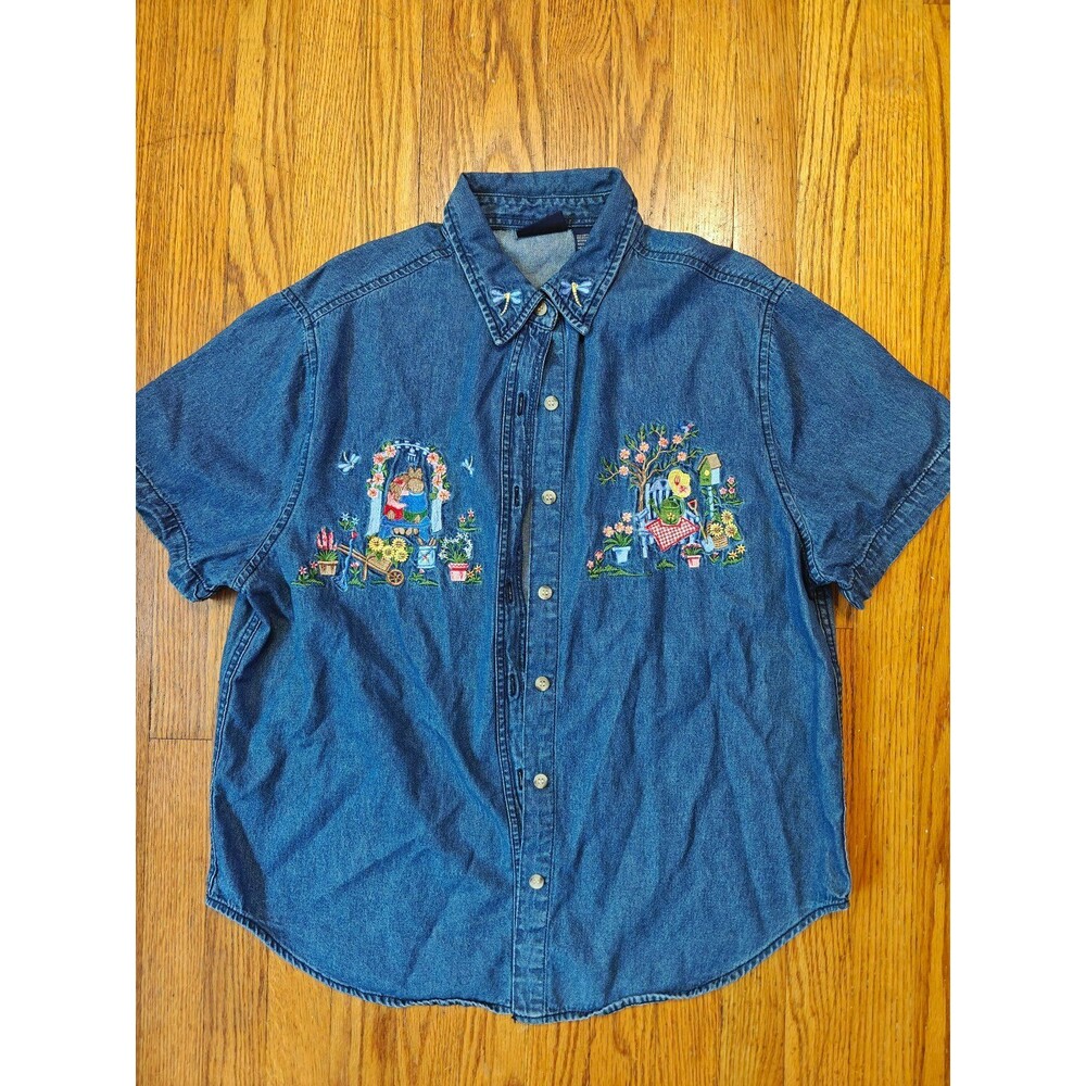 Women's Embroidered Button Up Gardening Outdoor Themed Top Solutions Casual L